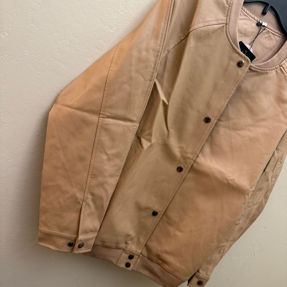 leather Womens large brown Tan Button-Up nude beige crew neck nude A7